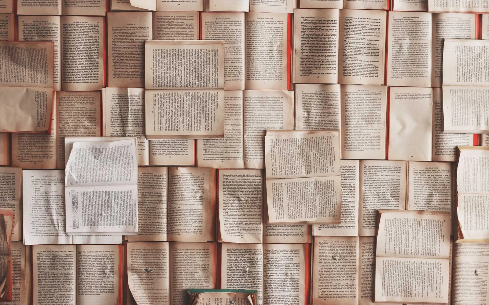 Раскрытые книжные страницы, разложенные рядами